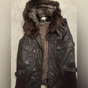 Brown leather vest with fur trim hood